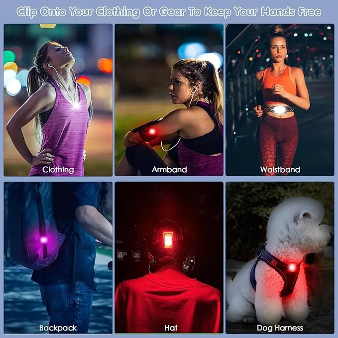 1797 Clip On Running Lights for Runners LED Hands Free Flashlight Night Safety Lamp for Dog Walking Jogging Hiking Running Gear Accessories USB Rechargeable RGB Pack of 4