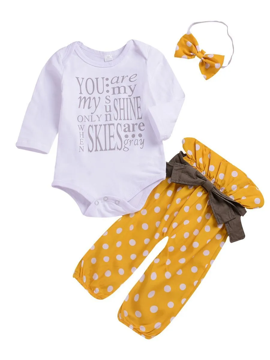 3-piece Stylish Outfits Letters Print Bodysuit   Bow Polka Dots Pants  Headband