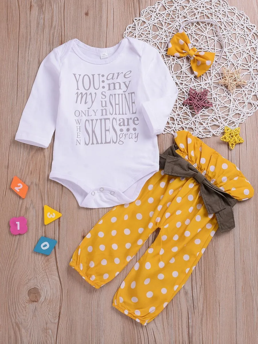 3-piece Stylish Outfits Letters Print Bodysuit   Bow Polka Dots Pants  Headband