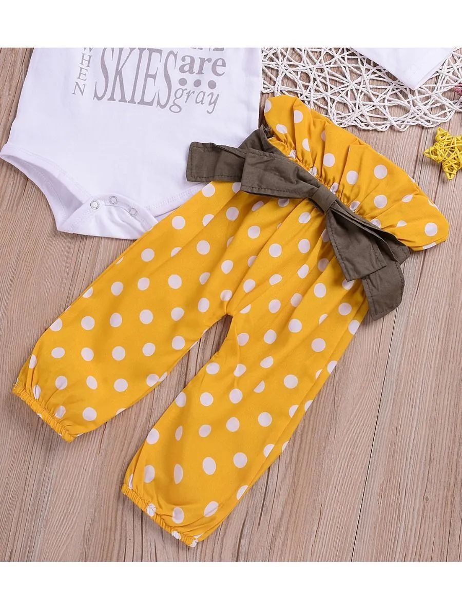 3-piece Stylish Outfits Letters Print Bodysuit   Bow Polka Dots Pants  Headband