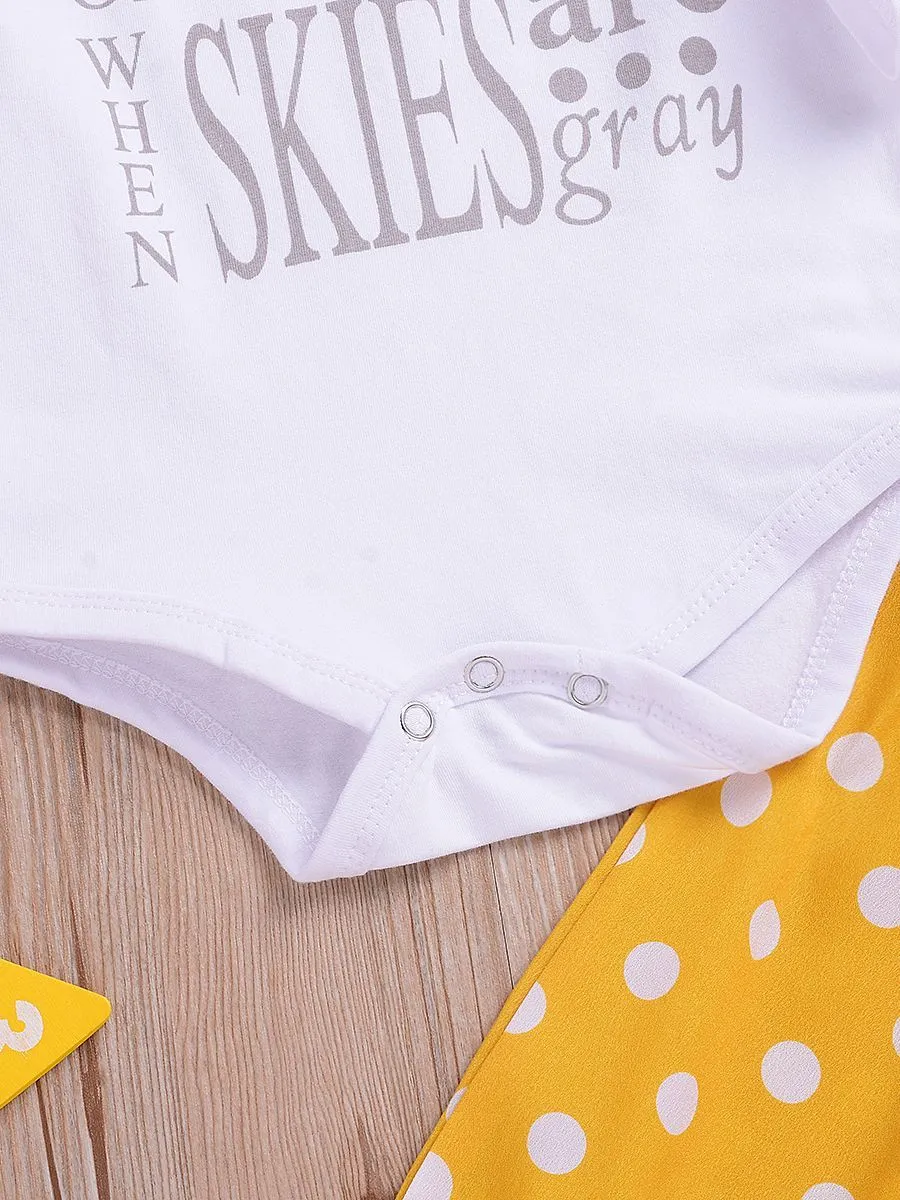 3-piece Stylish Outfits Letters Print Bodysuit   Bow Polka Dots Pants  Headband