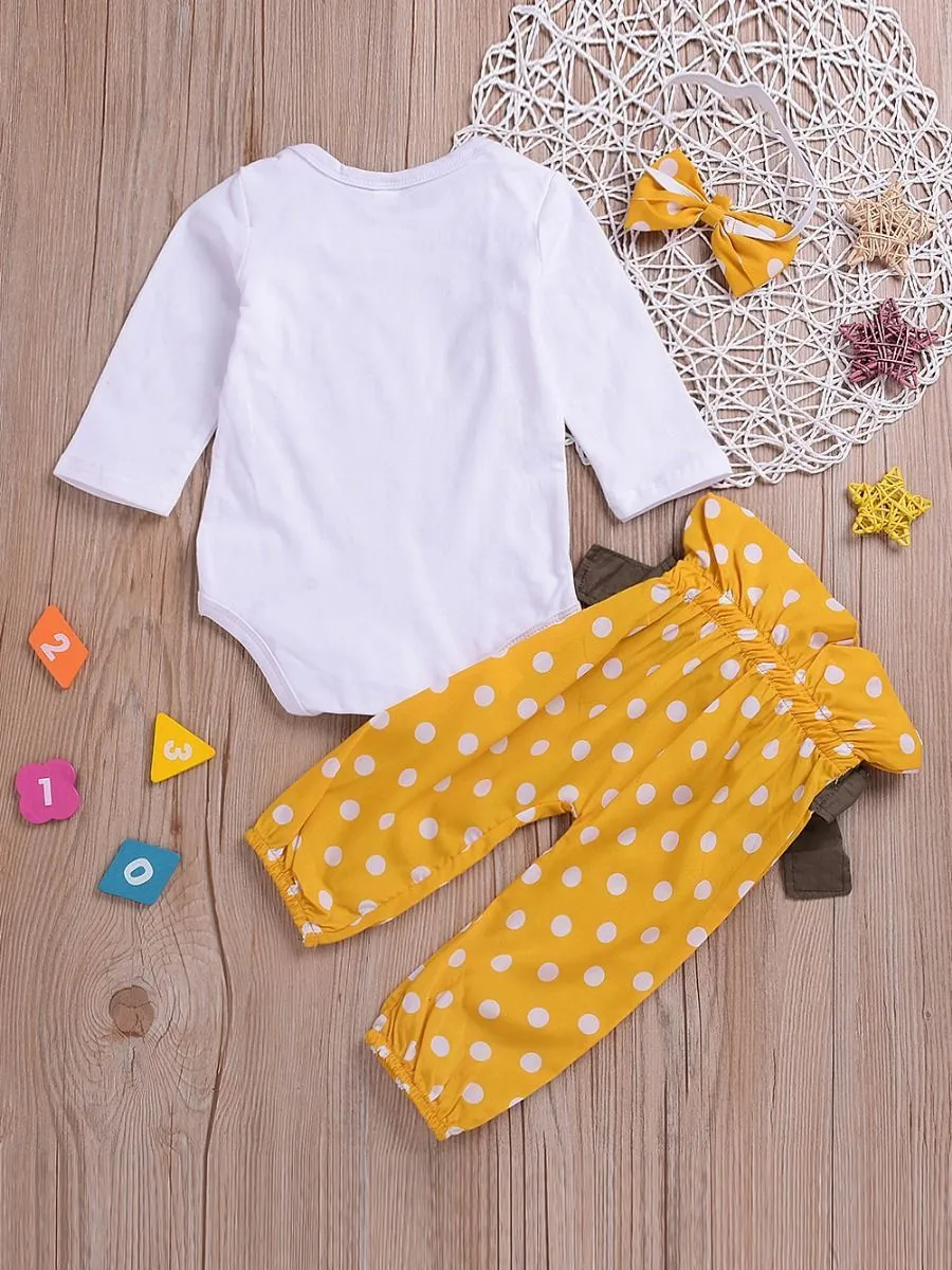 3-piece Stylish Outfits Letters Print Bodysuit   Bow Polka Dots Pants  Headband