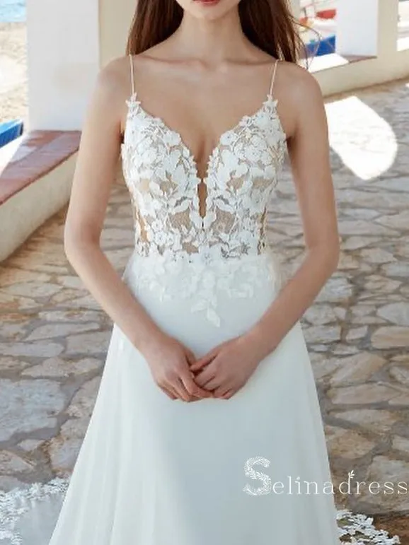 A-line Spaghetti Straps Applique Wedding Dress Romantic Bridal Dresses RYU024