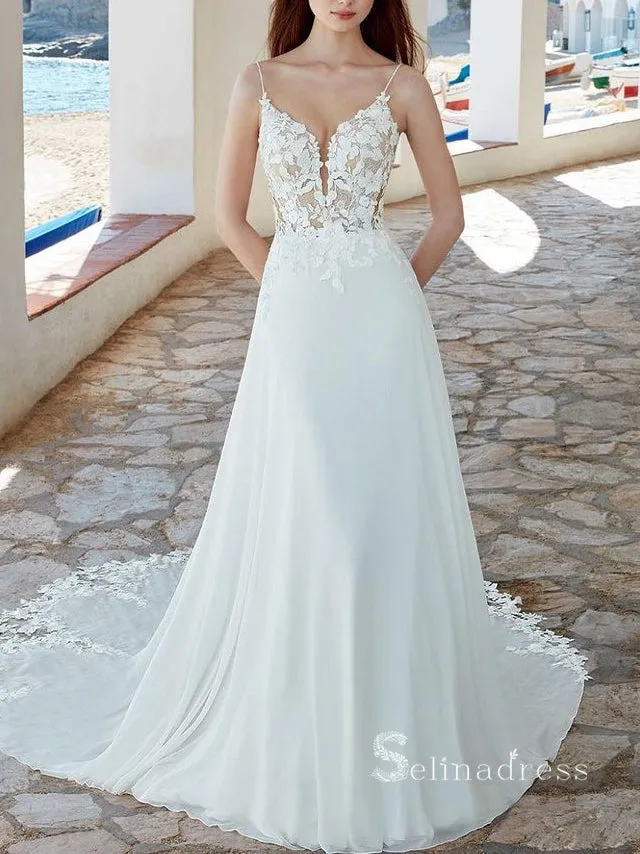 A-line Spaghetti Straps Applique Wedding Dress Romantic Bridal Dresses RYU024