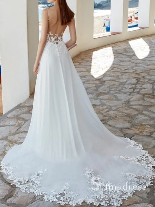 A-line Spaghetti Straps Applique Wedding Dress Romantic Bridal Dresses RYU024