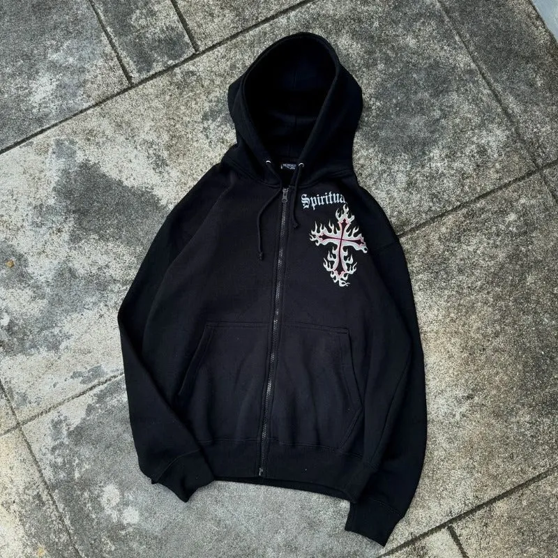Advbridge Gothic Pattern Cross Print Oversized Sweatshirt European and American High Street Retro Zipper Hoodie Punk Trendy Casual Jacket
