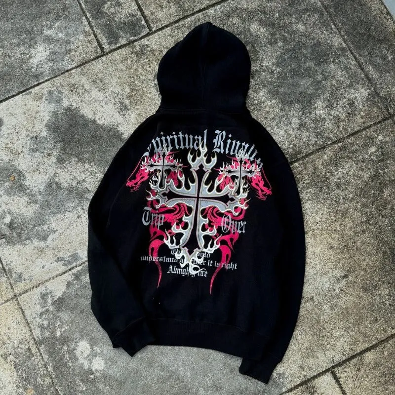 Advbridge Gothic Pattern Cross Print Oversized Sweatshirt European and American High Street Retro Zipper Hoodie Punk Trendy Casual Jacket