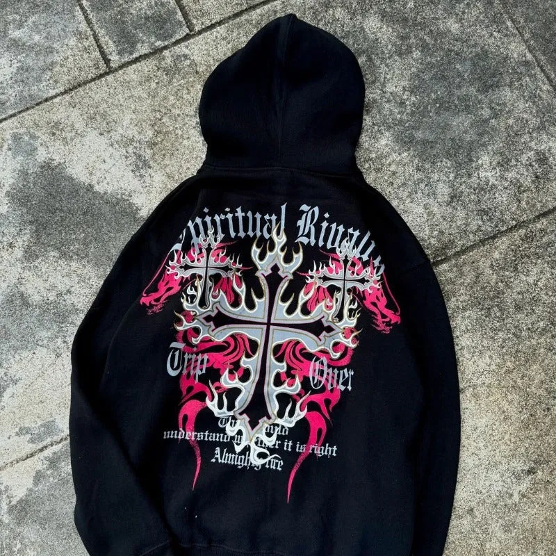 Advbridge Gothic Pattern Cross Print Oversized Sweatshirt European and American High Street Retro Zipper Hoodie Punk Trendy Casual Jacket