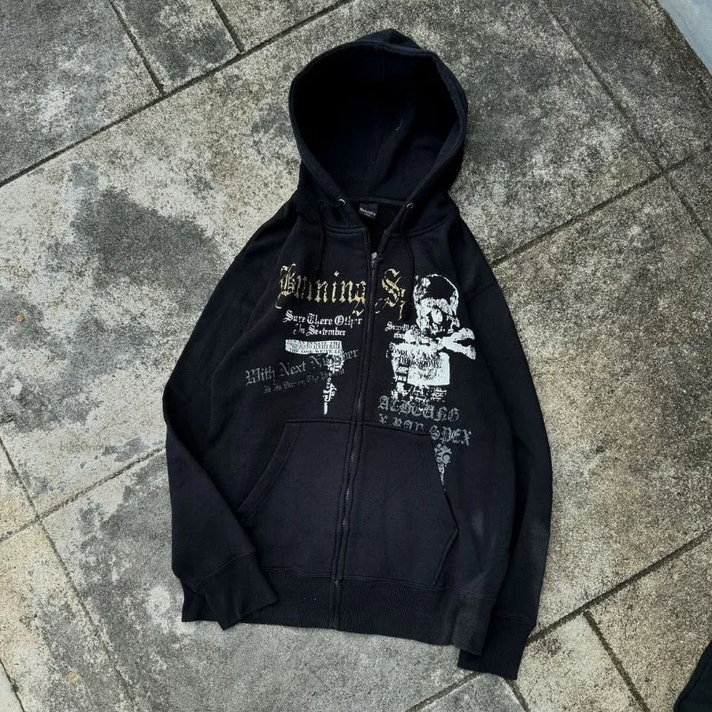 Advbridge Gothic Pattern Cross Print Oversized Sweatshirt European and American High Street Retro Zipper Hoodie Punk Trendy Casual Jacket
