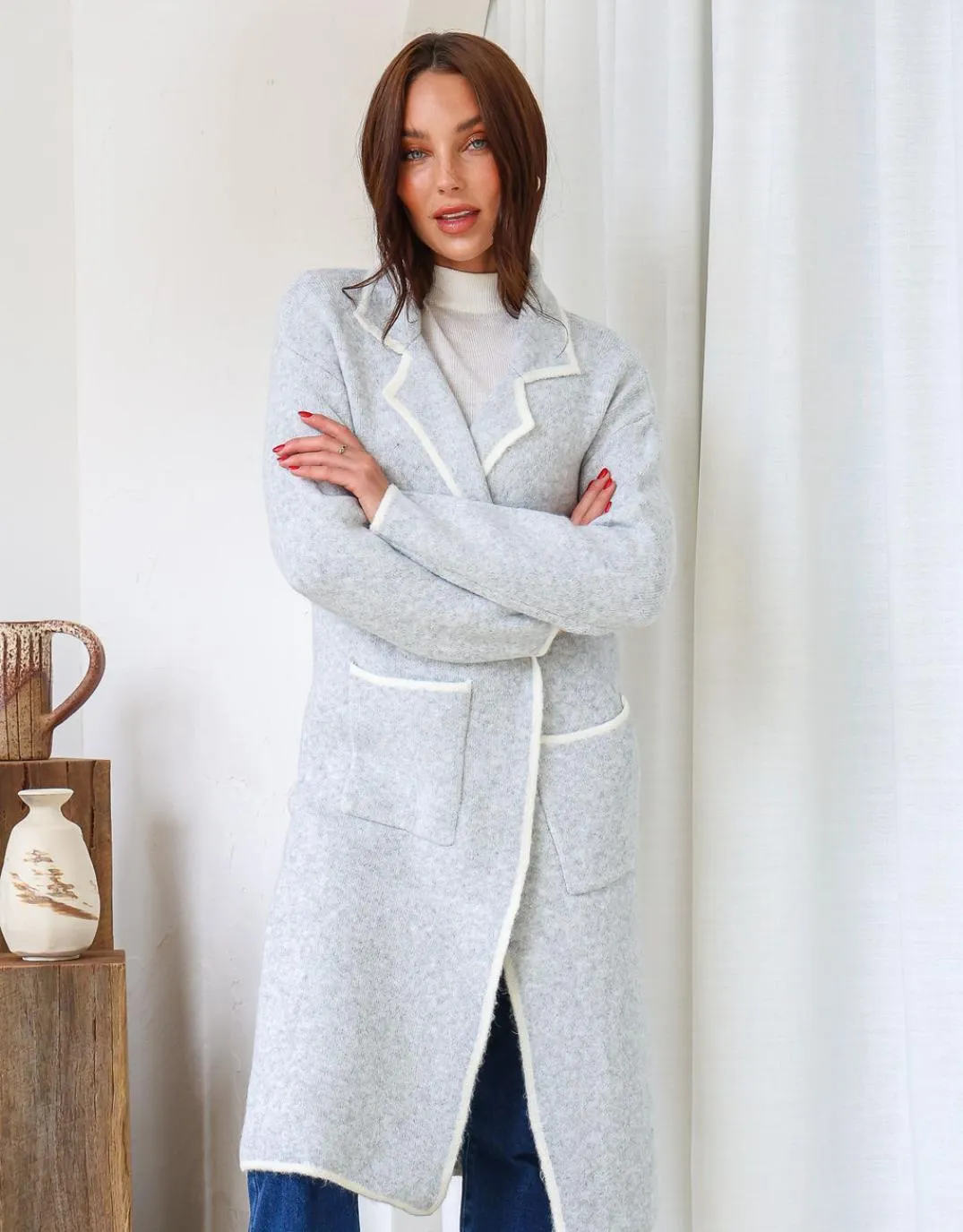 Amelia Longline Coatigan - Grey/Ivory