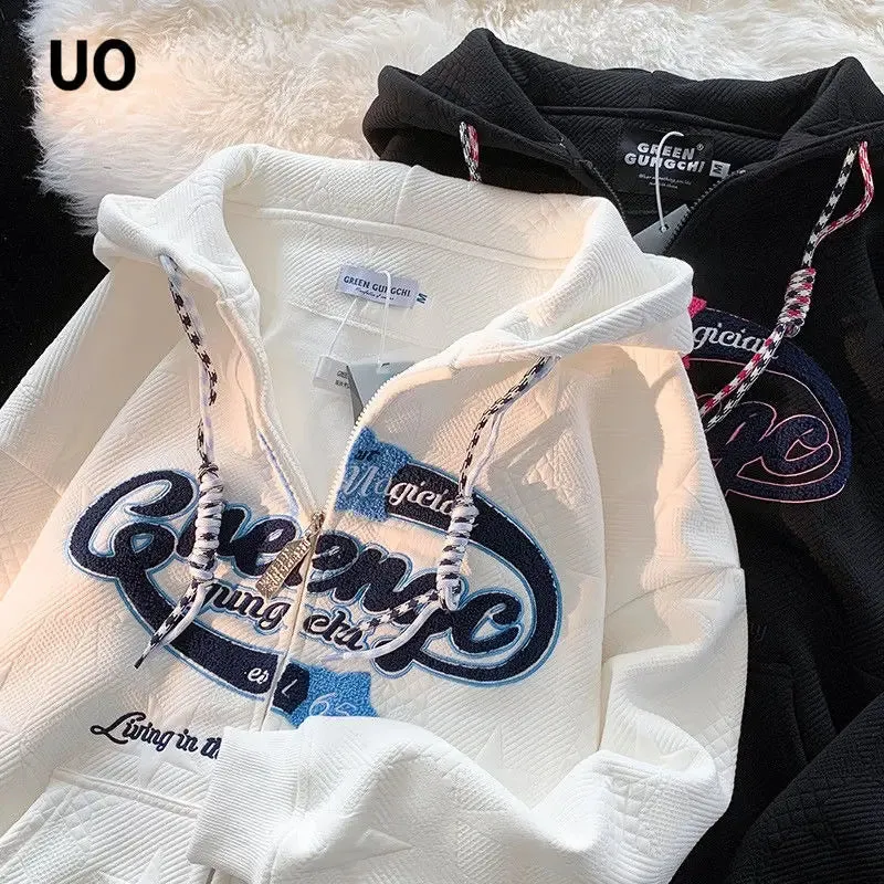 American Retro Zipper Hoodies Female Spring Autumn Oversize Trendy Personality Hiphop High Street Casual Y2K Cardigan Sweatshirt