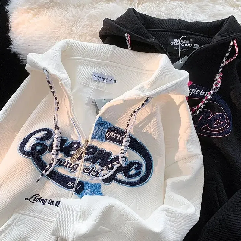 American Retro Zipper Hoodies Female Spring Autumn Oversize Trendy Personality Hiphop High Street Casual Y2K Cardigan Sweatshirt