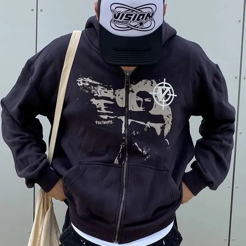 American Retro Zipper Hoodies Female Spring Autumn Oversize Trendy Personality Hiphop High Street Casual Y2K Cardigan Sweatshirt