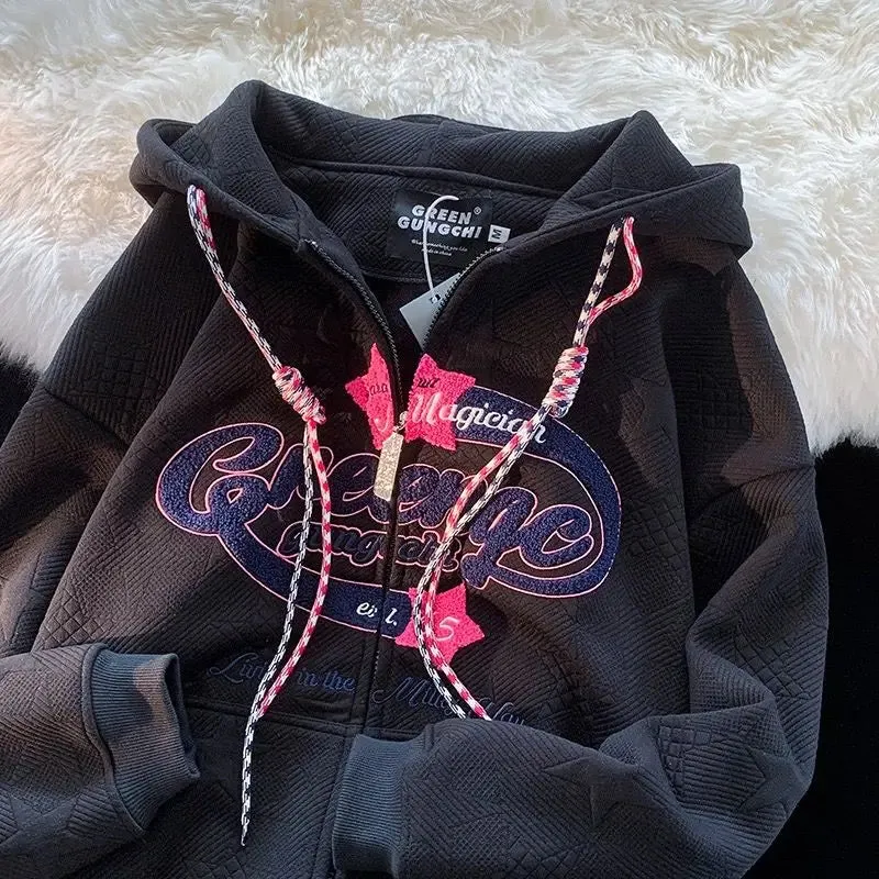 American Retro Zipper Hoodies Female Spring Autumn Oversize Trendy Personality Hiphop High Street Casual Y2K Cardigan Sweatshirt
