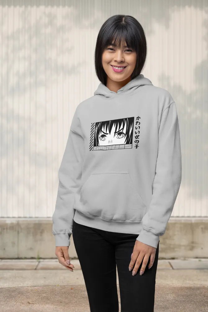 Anime Face Grey Melange Printed Hoodie for women