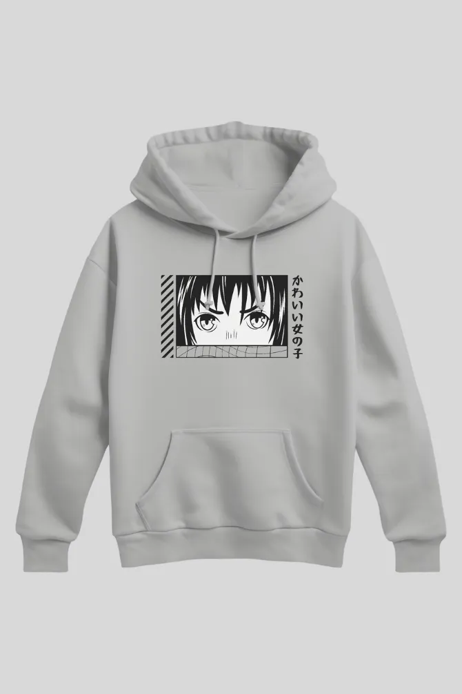Anime Face Grey Melange Printed Hoodie for women