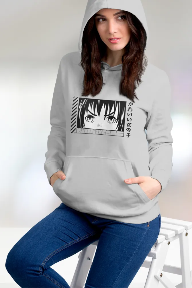 Anime Face Grey Melange Printed Hoodie for women