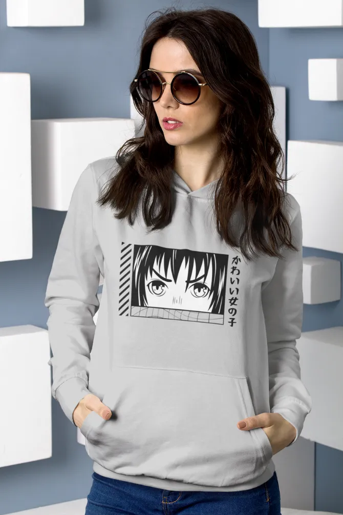 Anime Face Grey Melange Printed Hoodie for women