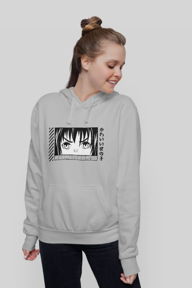 Anime Face Grey Melange Printed Hoodie for women