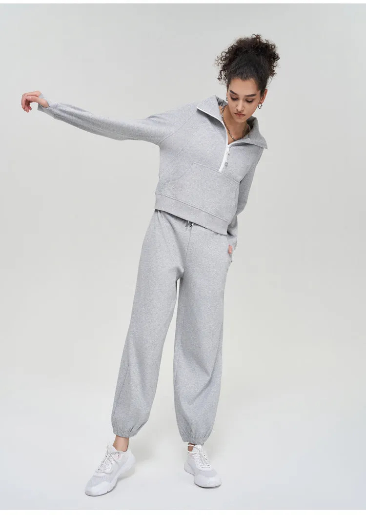 Autumn Winter Yoga Wear Coat Women Loose Top Half Zipped Stand Collar Finger Lock Workout Long Sleeve Sweater Women