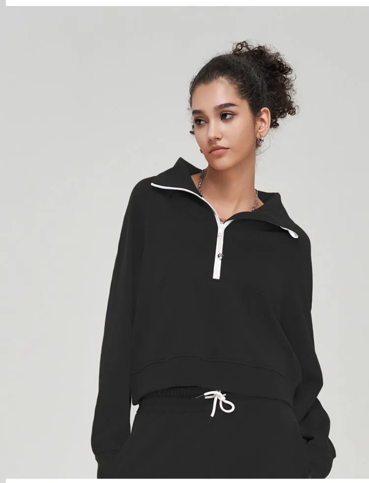 Autumn Winter Yoga Wear Coat Women Loose Top Half Zipped Stand Collar Finger Lock Workout Long Sleeve Sweater Women