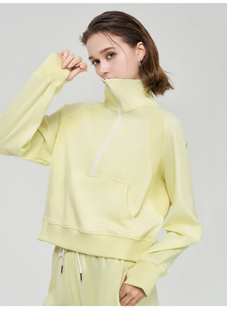 Autumn Winter Yoga Wear Coat Women Loose Top Half Zipped Stand Collar Finger Lock Workout Long Sleeve Sweater Women