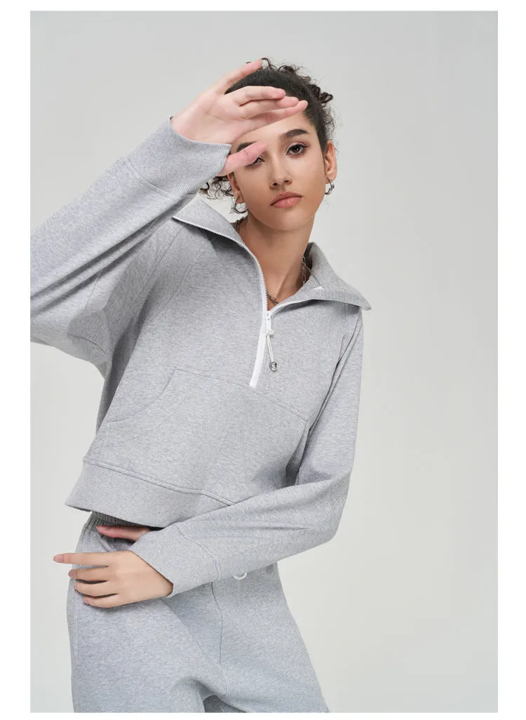 Autumn Winter Yoga Wear Coat Women Loose Top Half Zipped Stand Collar Finger Lock Workout Long Sleeve Sweater Women