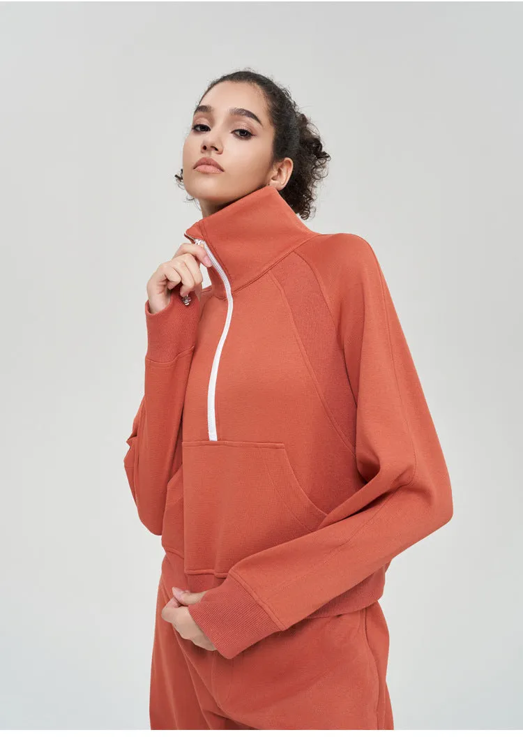 Autumn Winter Yoga Wear Coat Women Loose Top Half Zipped Stand Collar Finger Lock Workout Long Sleeve Sweater Women