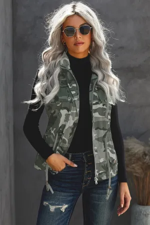 Camouflage Cinched Zipper Snaps Hooded Vest