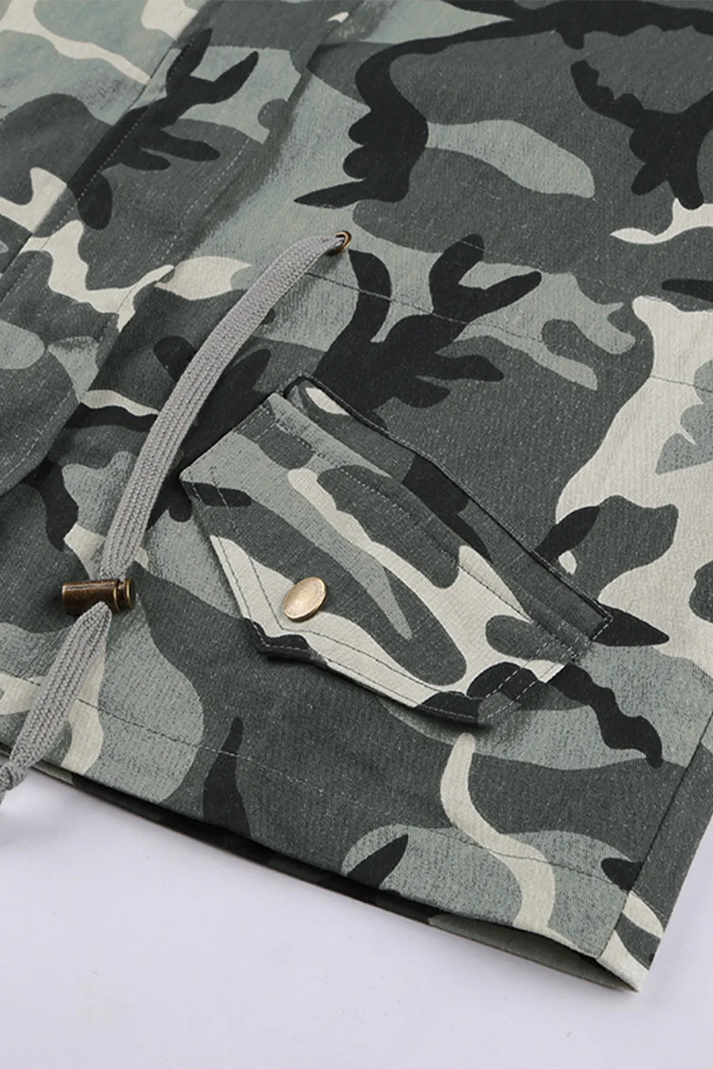 Camouflage Cinched Zipper Snaps Hooded Vest