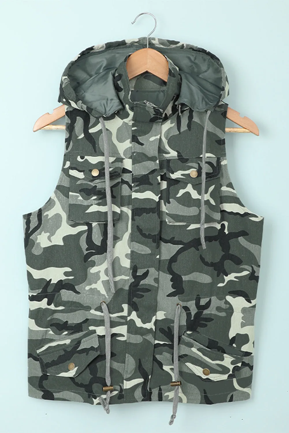 Camouflage Cinched Zipper Snaps Hooded Vest