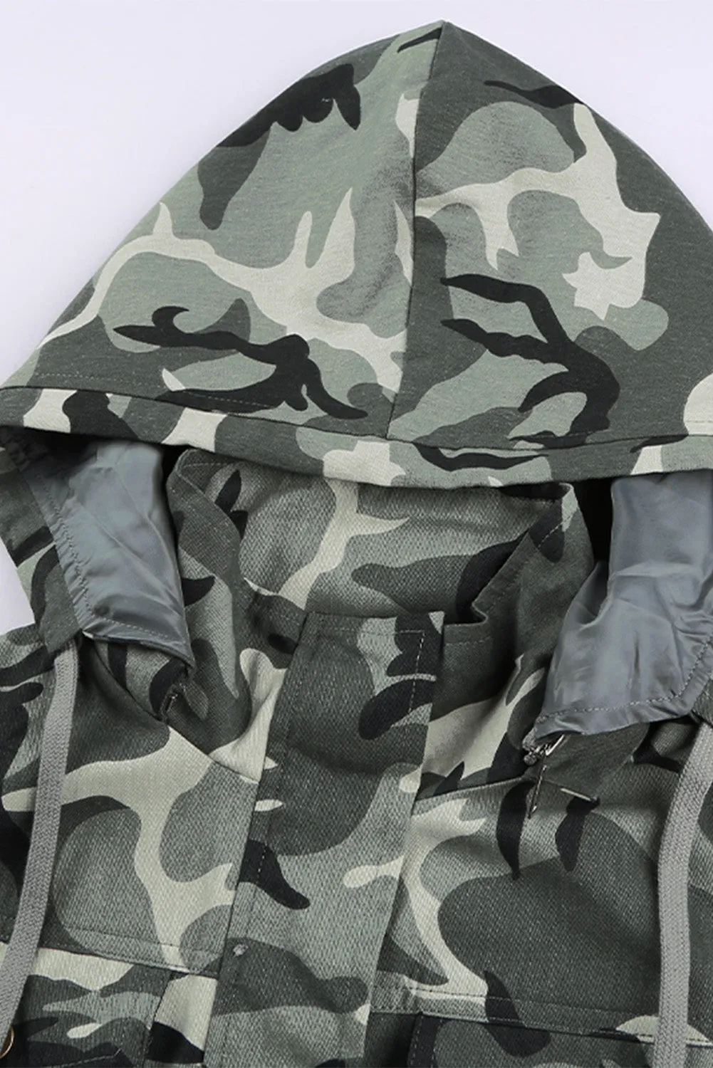 Camouflage Cinched Zipper Snaps Hooded Vest