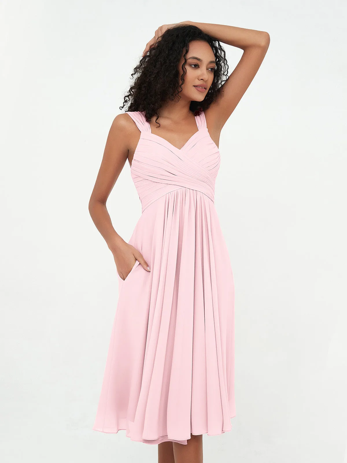 Chiffon Empire Short Dresses with Pockets-Blushing Pink Plus Size