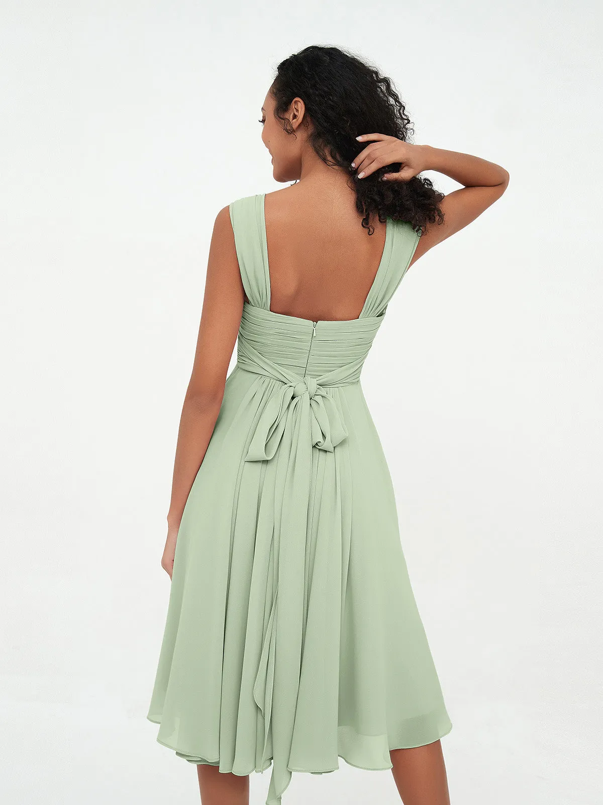 Chiffon Empire Short Dresses with Pockets-Dusty Sage