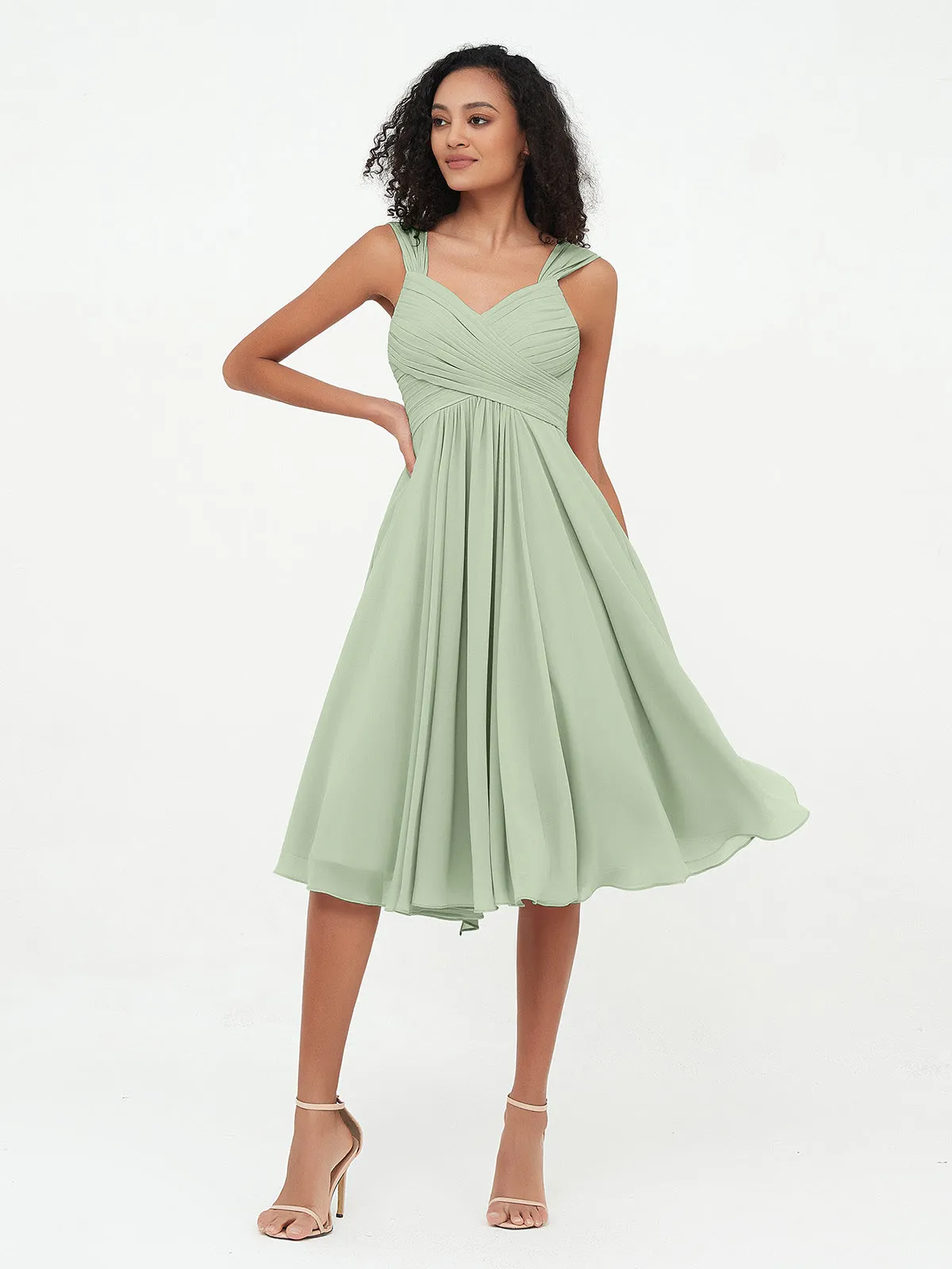 Chiffon Empire Short Dresses with Pockets-Dusty Sage