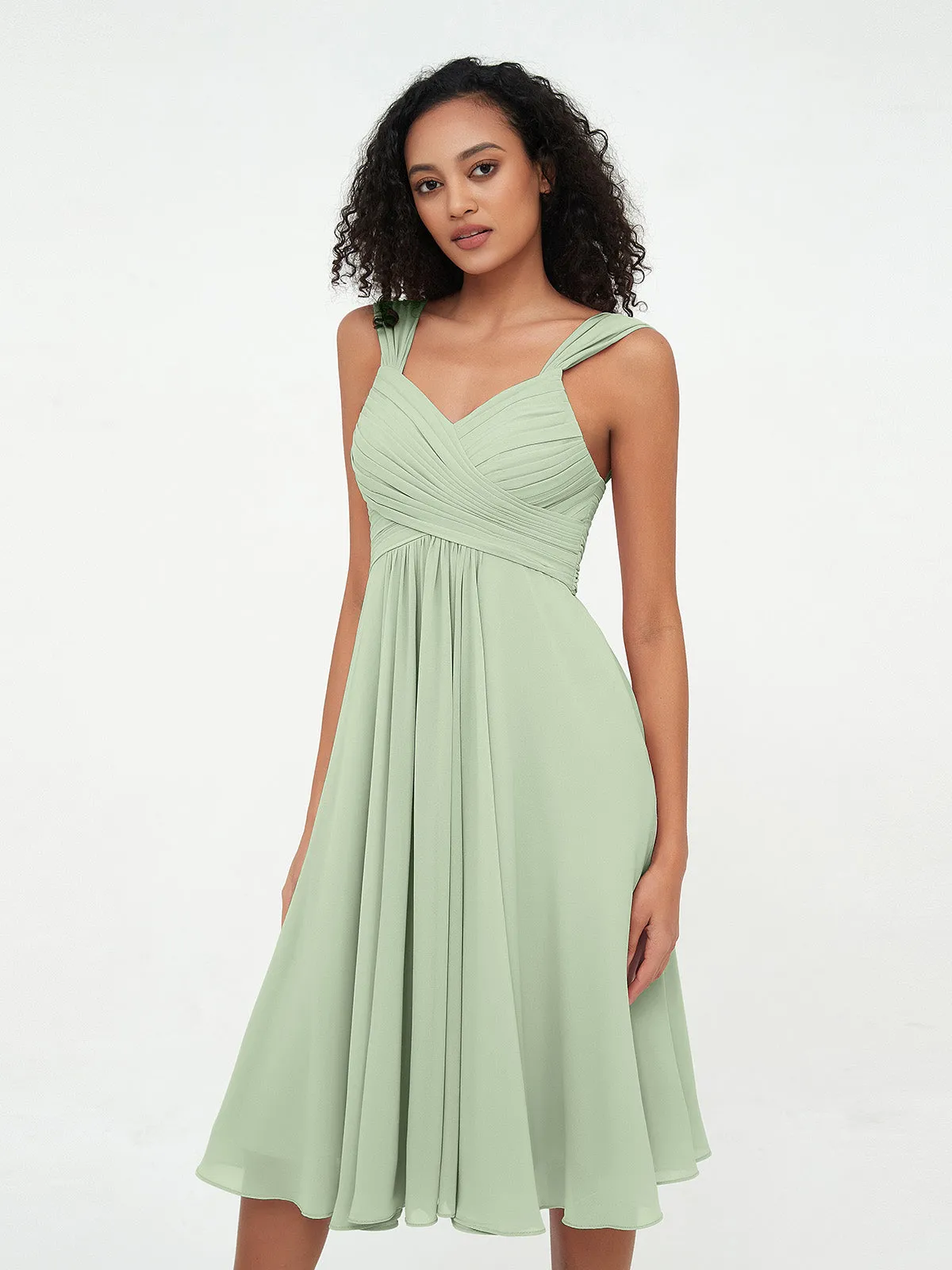 Chiffon Empire Short Dresses with Pockets-Dusty Sage