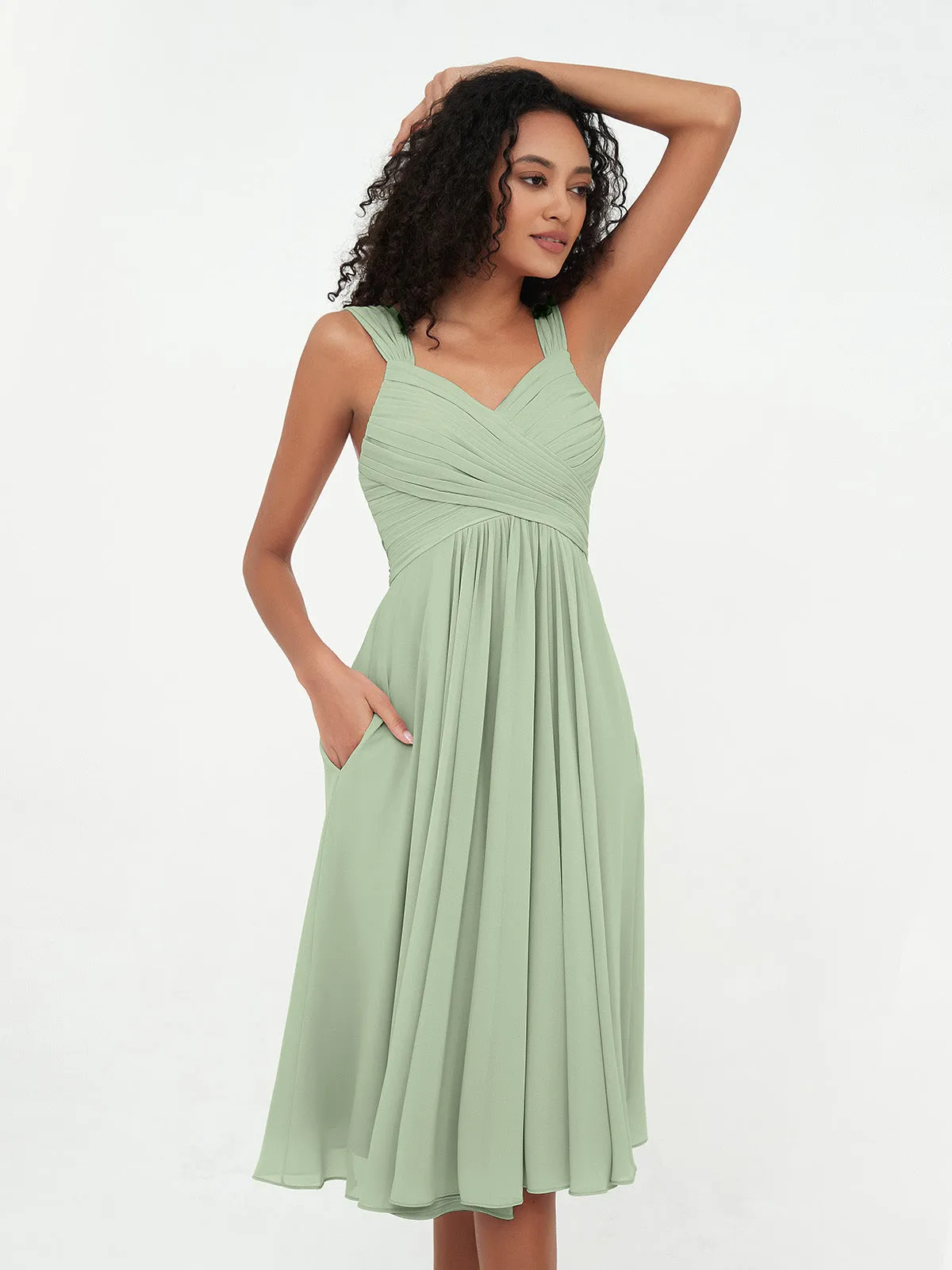 Chiffon Empire Short Dresses with Pockets-Dusty Sage