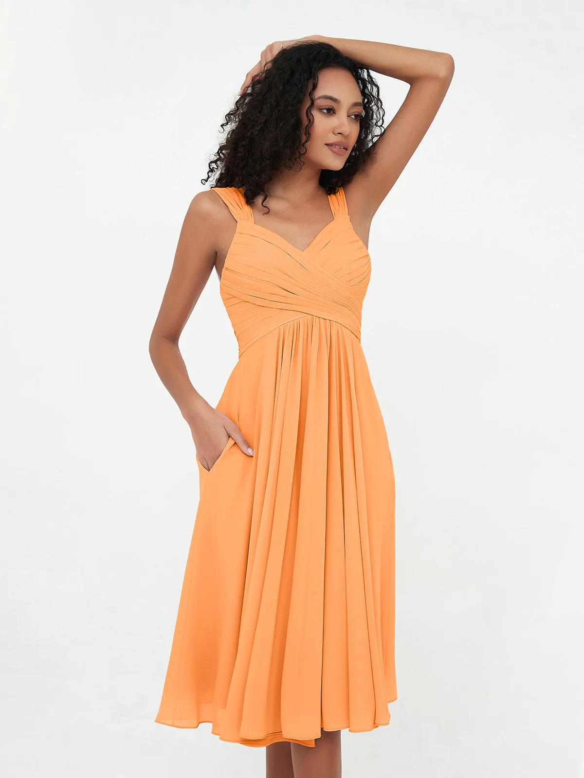 Chiffon Empire Short Dresses with Pockets-Orange Plus Size
