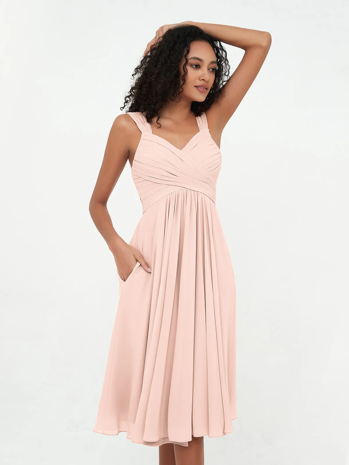 Chiffon Empire Short Dresses with Pockets-Pearl Pink
