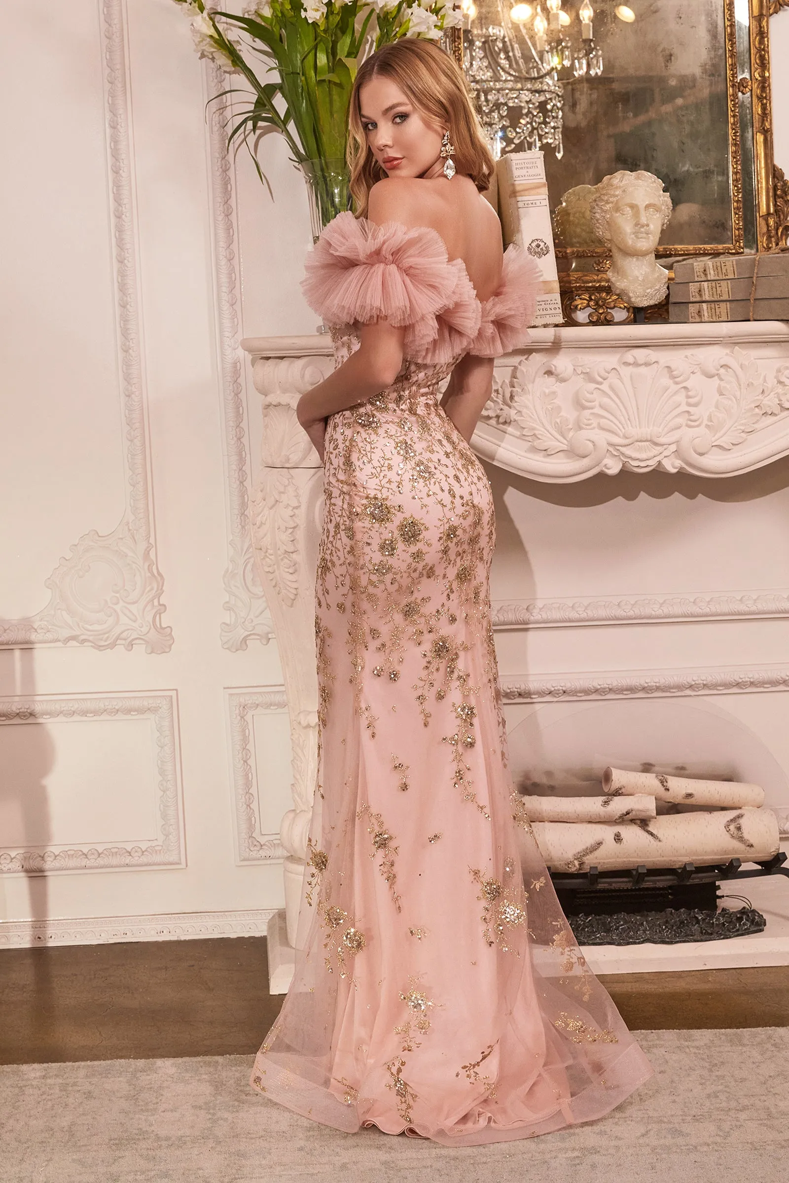 CINDERELLA DIVINE J818 Off-Shoulder Gathered Tulle Gown