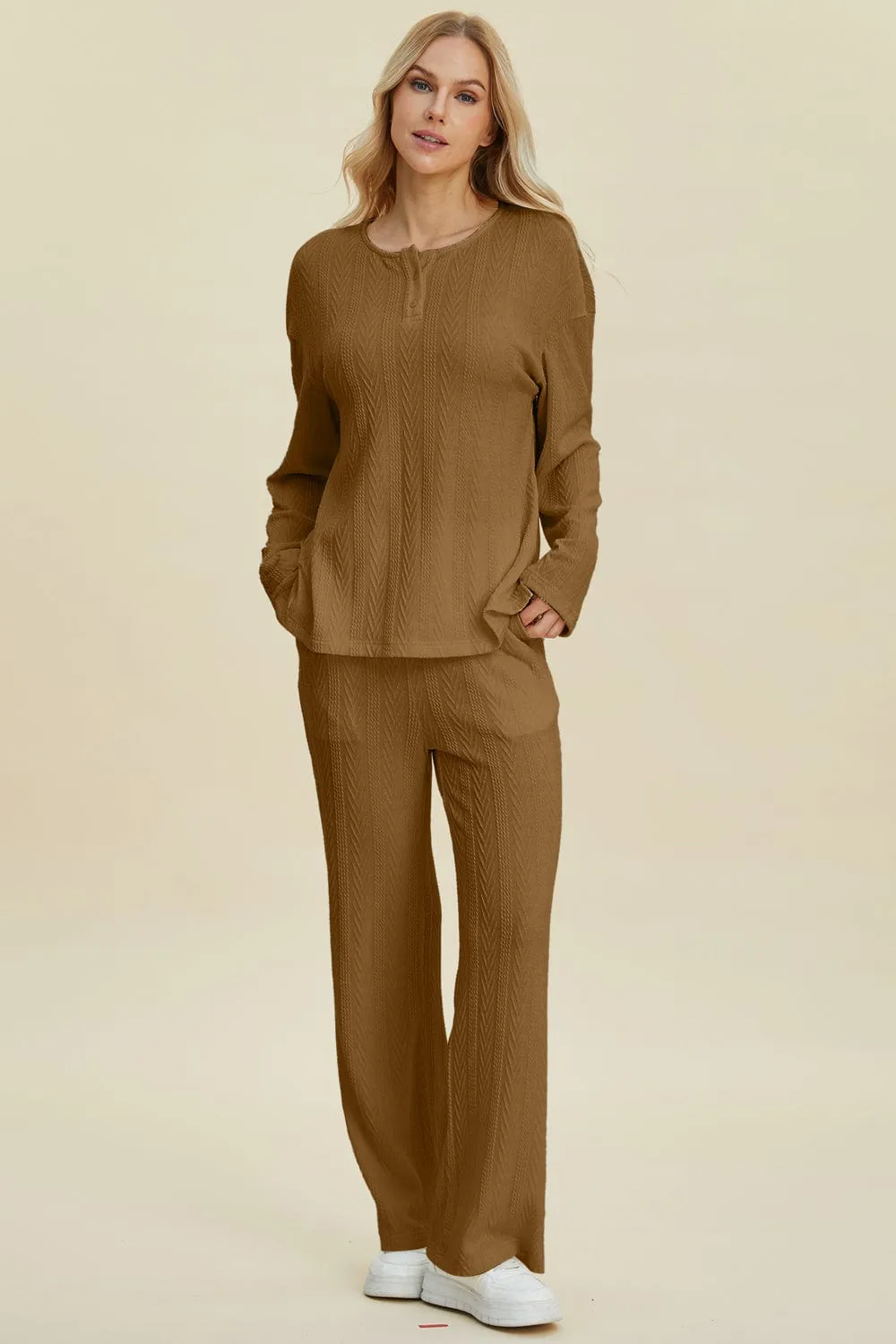 Double Take Full Size Cable-Knit Long Sleeve Top and Pants Set