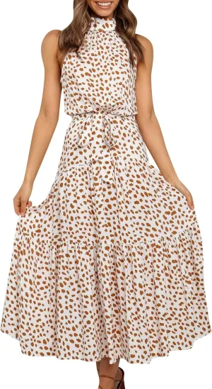 FLITAY Women's Summer Sleeveless Halter Dress Vintage Floral Print Long Dress Casual Resort Sun Dress