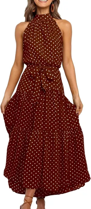FLITAY Women's Summer Sleeveless Halter Dress Vintage Floral Print Long Dress Casual Resort Sun Dress