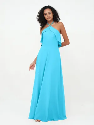 Halter Strap Chiffon Long Bridesmaid Dresses Clearance