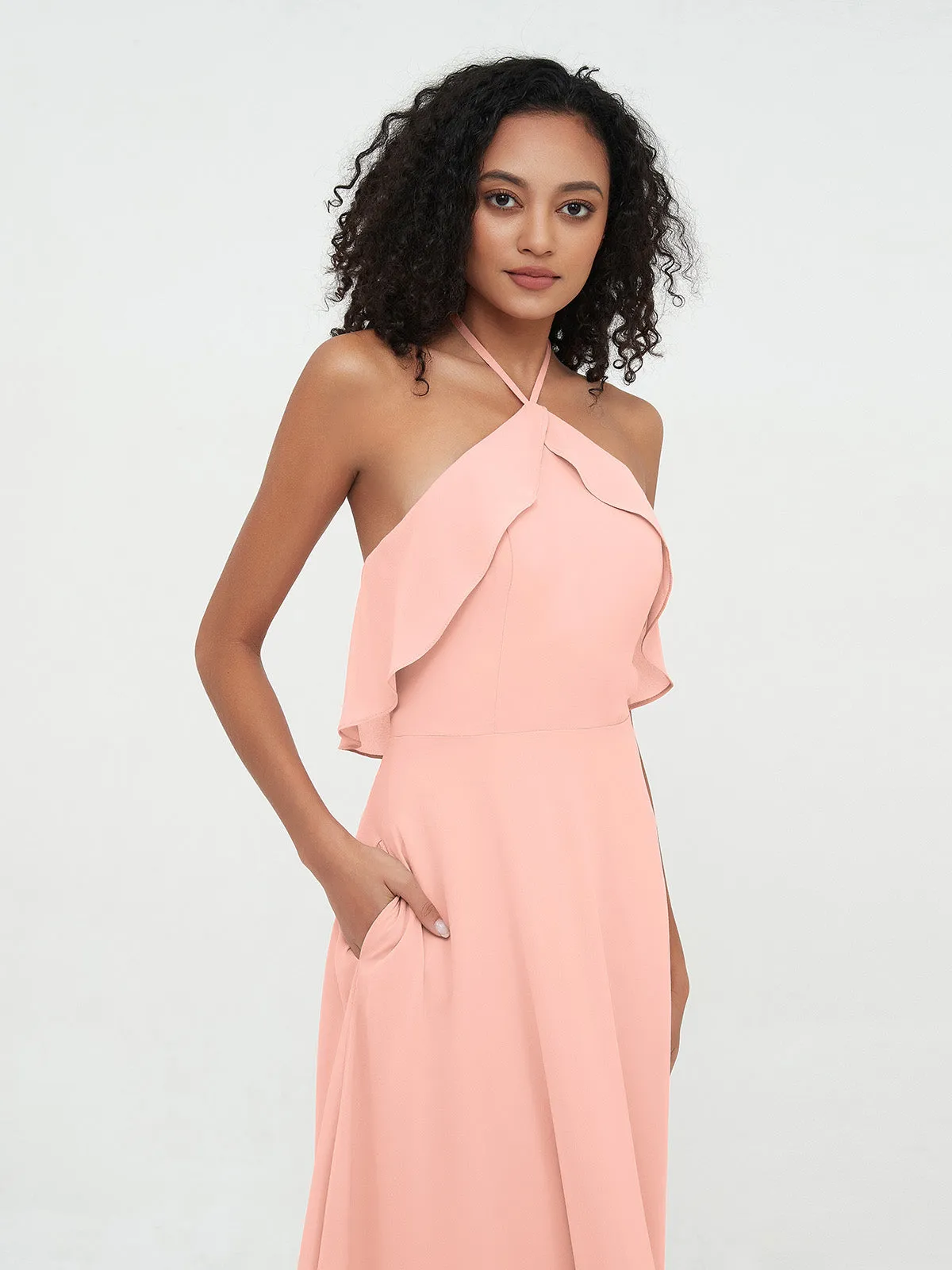 Halter Strap Chiffon Long Bridesmaid Dresses Coral Plus Size