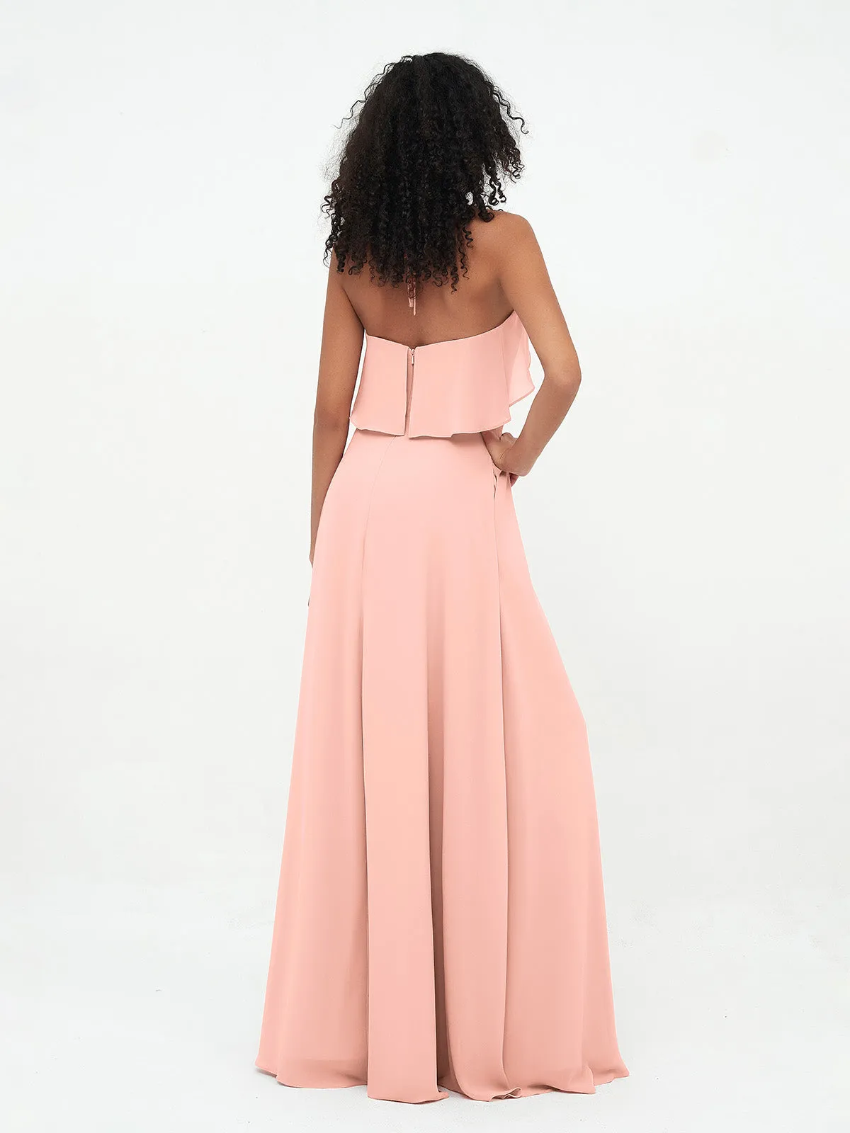 Halter Strap Chiffon Long Bridesmaid Dresses Coral Plus Size