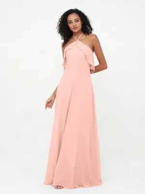 Halter Strap Chiffon Long Bridesmaid Dresses Coral Plus Size