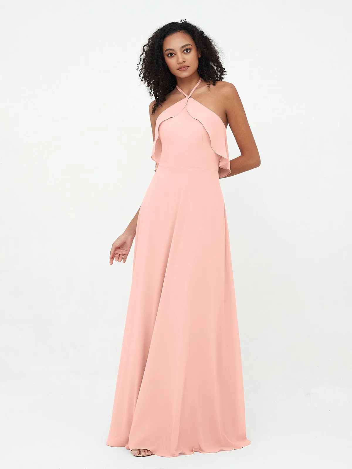 Halter Strap Chiffon Long Bridesmaid Dresses Coral Plus Size