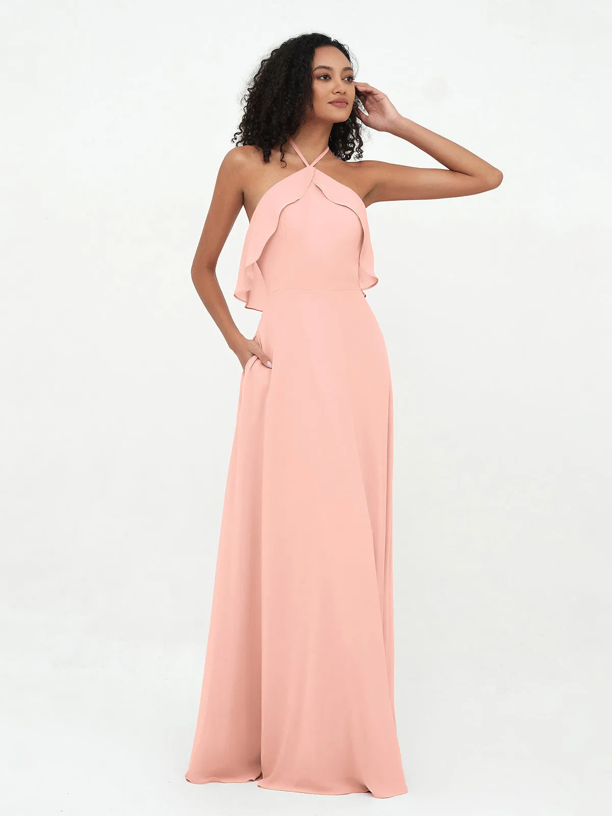 Halter Strap Chiffon Long Bridesmaid Dresses Coral Plus Size