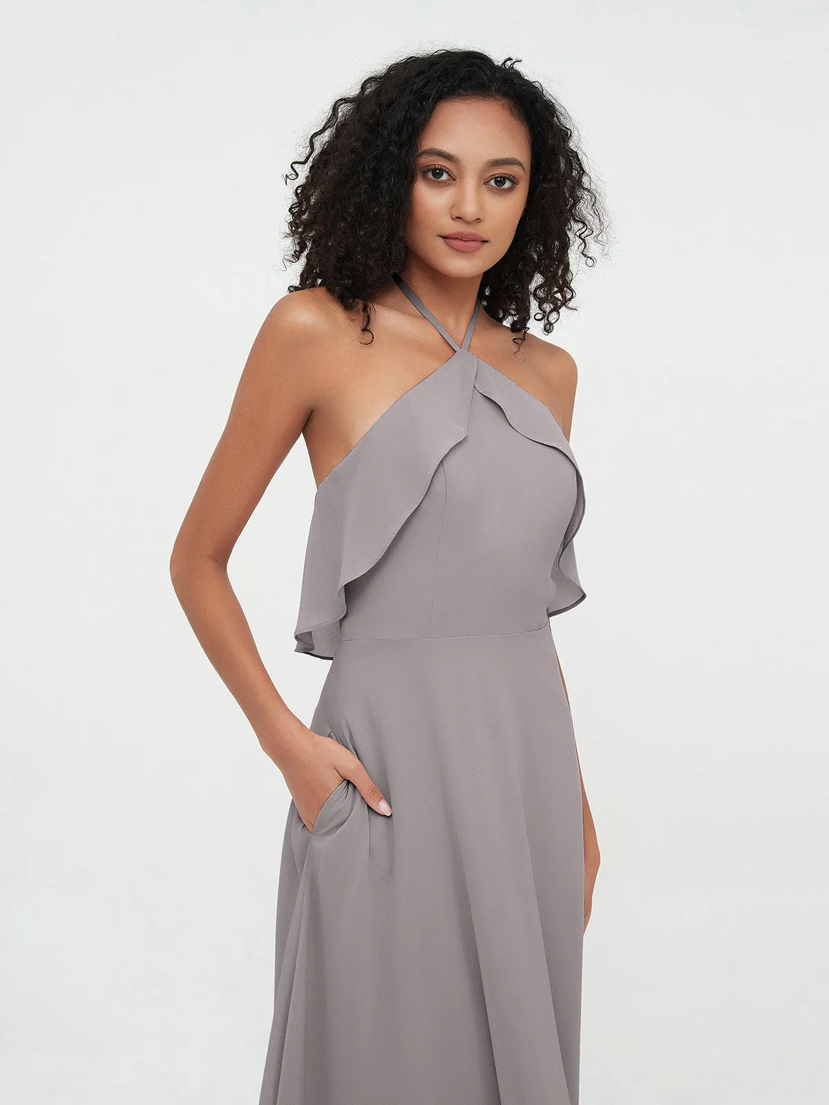 Halter Strap Chiffon Long Bridesmaid Dresses Silver Plus Size